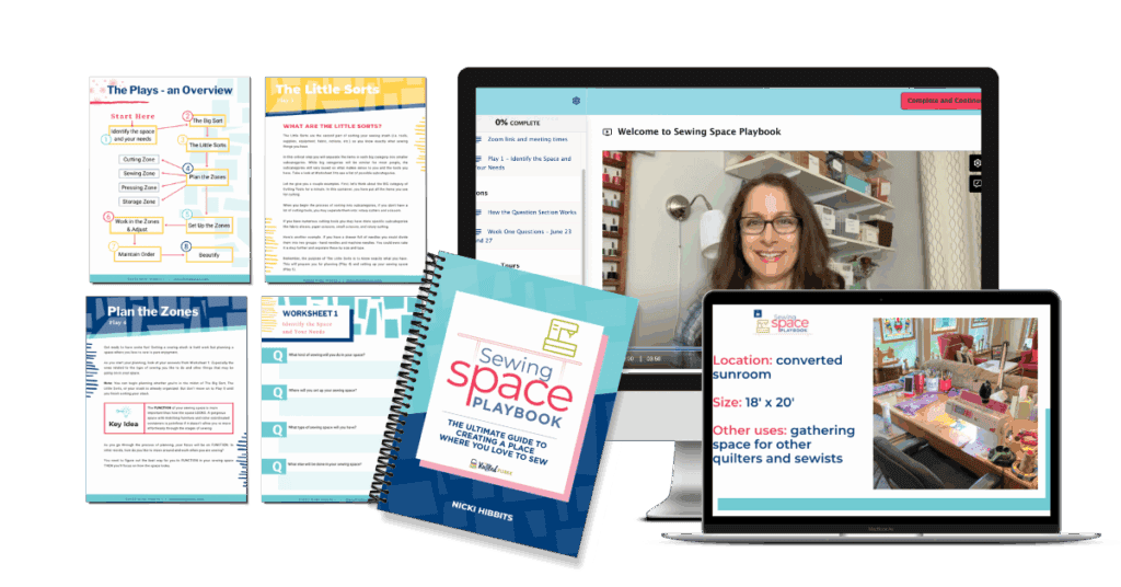 Mock up of Sewing Space Playbook showing, pages from the Playbook, and video images on a laptop and computer.