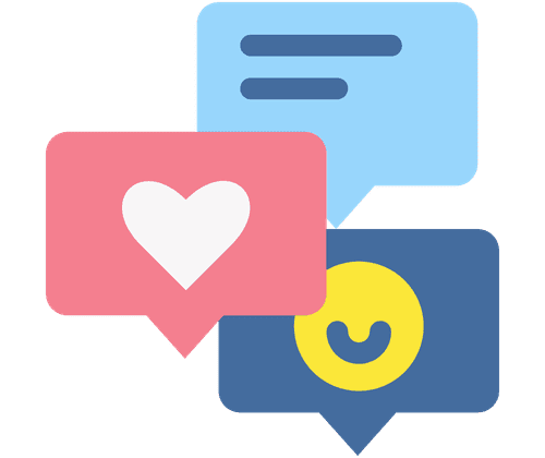 Three speech bubbles. A light blue one with dark blue lines. A red one with a white heart. A dark blue one with a yellow smiley face.